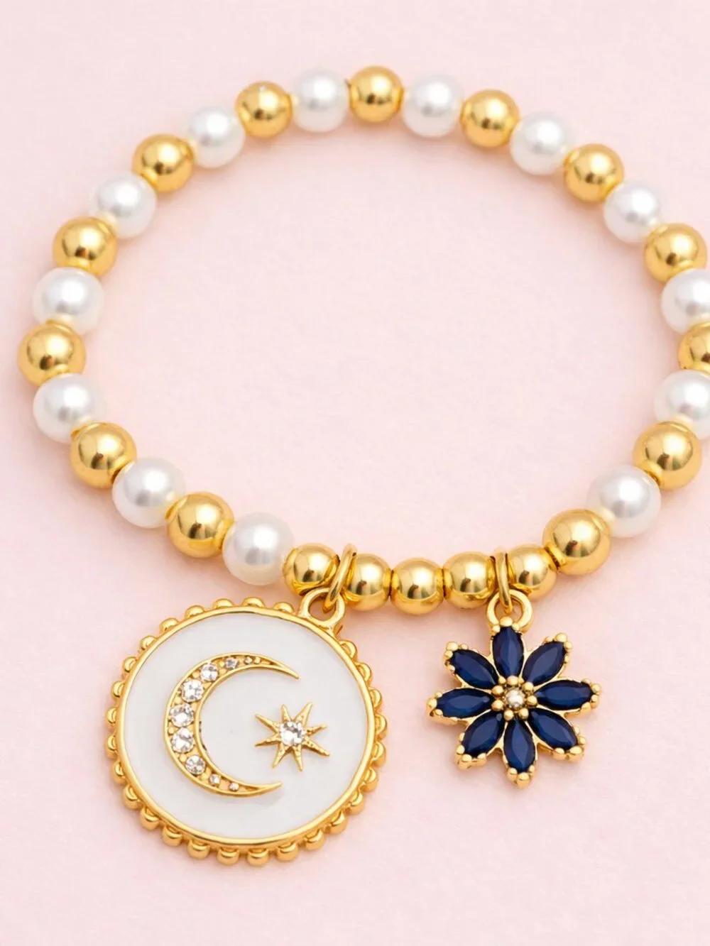 Gold & Pearl Beaded Bracelet with Moon and Flower Charms – New